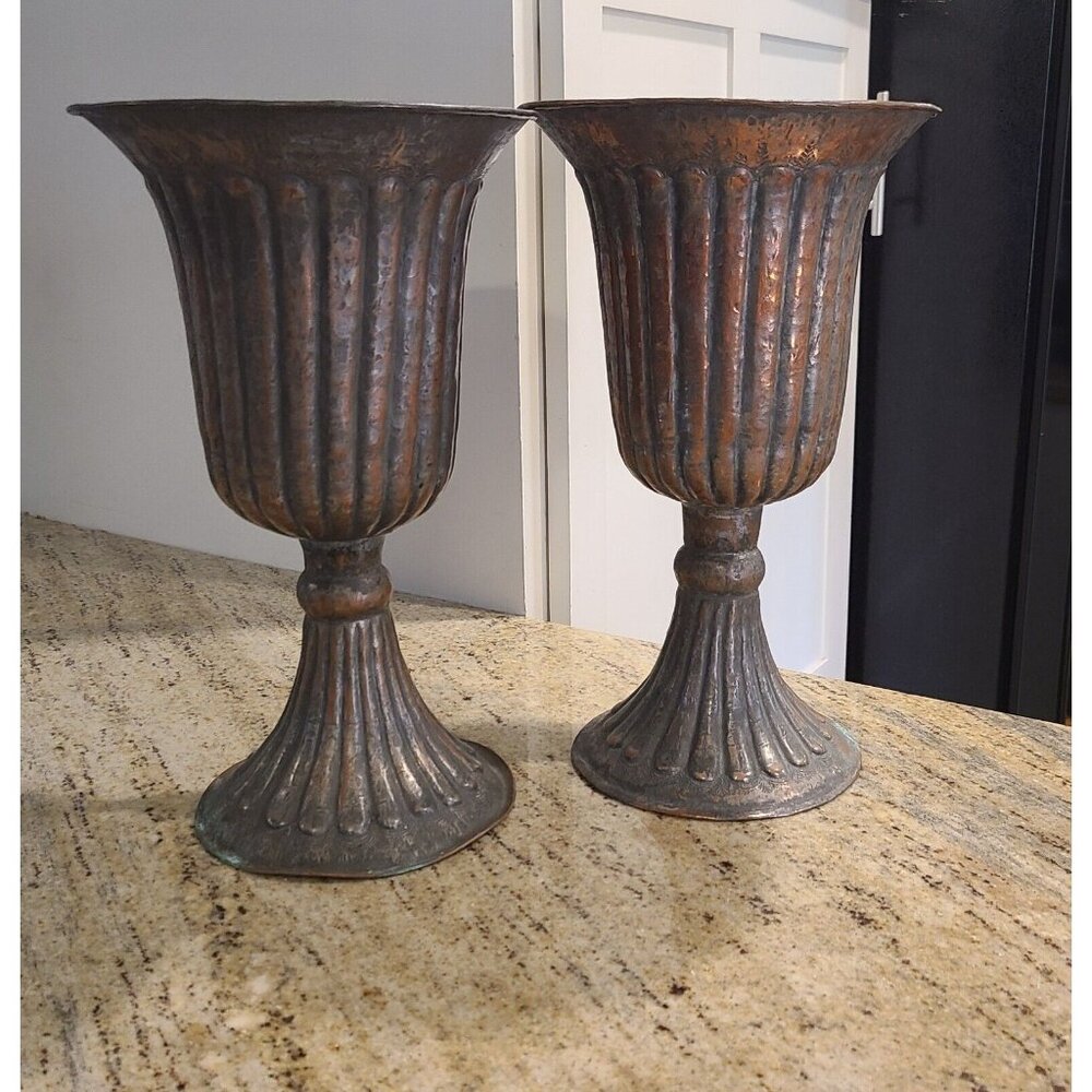 Set of 2 Vintage Hammered Copper Vase Pot Etched Design Egypt 14" Fluted